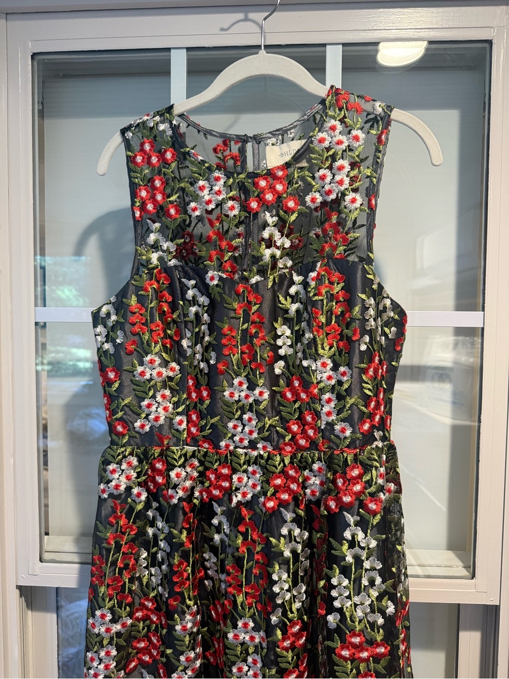 BHLDN Black Midi Dress with Red, White & Green Floral Embroidery and Green Trim - Picture 4 of 15